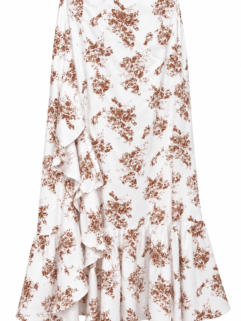 White & Brown Floral Ruffle Maxi Skirt with Slit